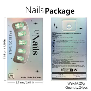 Front and back detail of avocado green press on nails packaging with size and weight specs