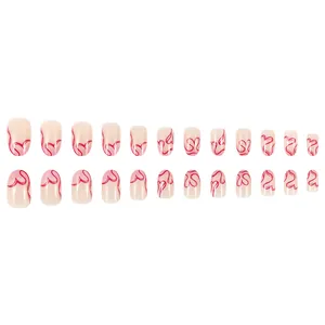Pink almond press-on nails with sweet heart patterns and French tips, 24-piece full set
