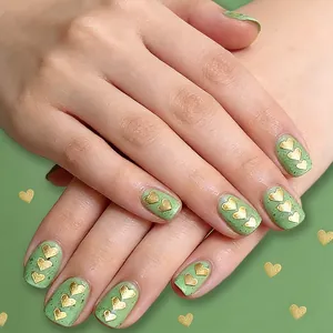 Valentine's Day Avocado Green Press On Nails Gold Heart European Square Glossy Artificial Fake Nails Women Dating Party