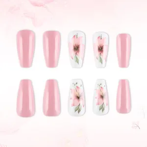 Faux ongles ballerine rose et blanc avec motifs de lys et paillettes, ensemble de 10 pièces