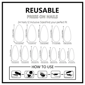 Size guide for almond press on nails showing 12 inclusive sizes and application steps