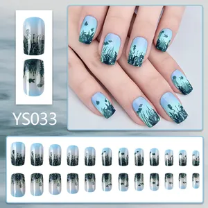 Short square press-on nails with ocean theme sea-green gradient and black sea life silhouettes