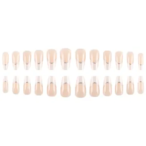 French press-on nails with silver glitter lines on natural nude pink long coffin shape