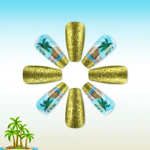 Detail of coffin press-on nails featuring tropical palm trees and gold glitter design