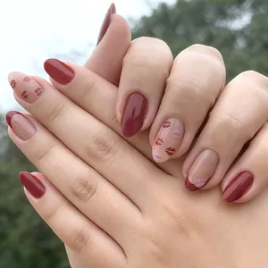 Faux Ongles à Presser Forme Amande Brillant Rouge Rose Motif Lèvres French Tip Pour Saint-Valentin Femme