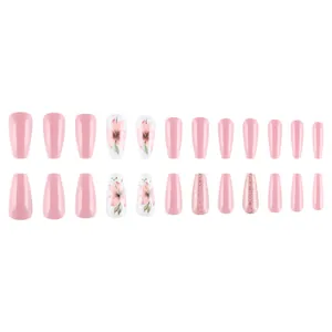 Faux ongles ballerine roses avec motifs floraux et paillettes, ensemble de 24 pièces
