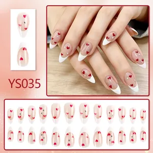 Short glossy French press-on nails with red hearts and rhinestones, 24-piece manicure set