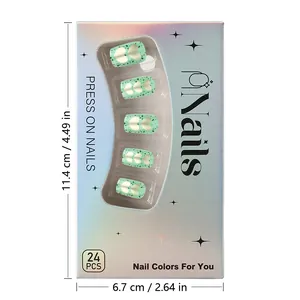Detail view of avocado green press on nails packaging with 24 pieces and sizing dimensions