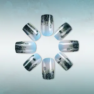 Macro detail of short square nails with ocean theme seagrass and seahorse silhouettes