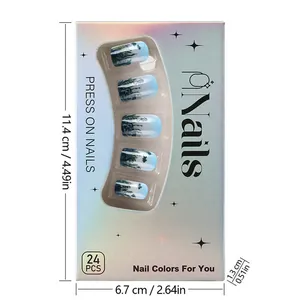 Detail showing the 11.4cm x 6.7cm packaging box for 24pcs blue gradient press-on nails