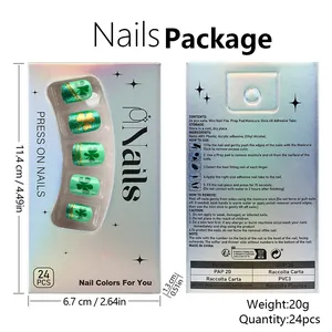 Front and back view of St. Patrick's Day false nail kit with shamrock designs and gold lines
