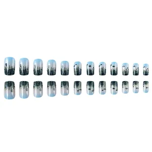 24pcs square seafoam blue and green gradient press-on nails with marine life patterns