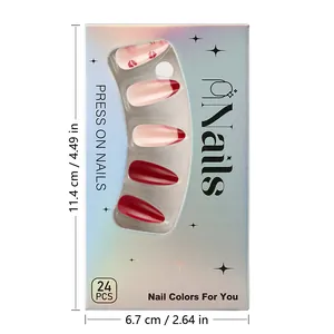 Détail de 24 faux ongles amande avec motifs de lèvres rouges et finition brillante chic