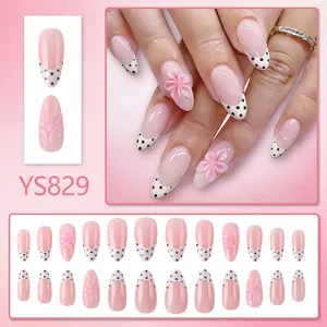 Unghie finte French rosa con pois neri e fiori 3D, set da 24 pezzi completi