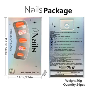 Detailed view of floral press-on nail packaging with ingredient list and usage instructions