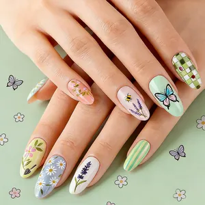 Almond Green Press On Nails Long Artificial Fake Nails With Flower Butterfly Pattern For Women Daily Nail Decoration
