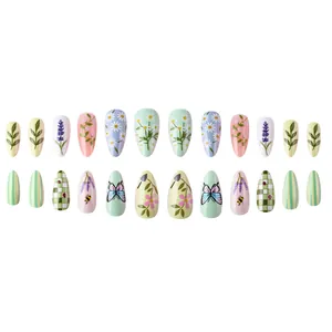 24pcs almond green press-on nails with floral and butterfly patterns for spring and summer