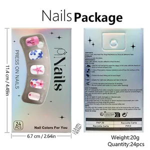 Detail of 24pcs glossy short square press-on nails with floral and cherry patterns