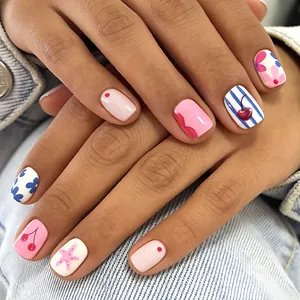 Women Short Square Pink Press On Nails Glossy Cherry Flower Starfish Stripe Pattern Sweet Fashion Decorative False Nails