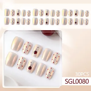 30pcs short cherry and polka dot press-on nails with pearl finish and creamy white base