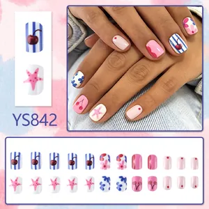Pink short square press-on nails with cherry, star and stripe patterns, 24 piece set