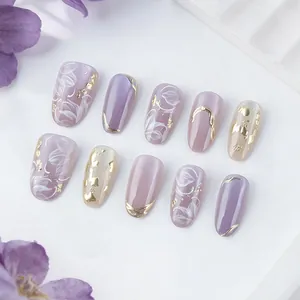 Elegant Purple Almond Shape Press-on Nails With Gold Foil Flower Design Glossy Artificial Fake Nails For Women Daily Wear
