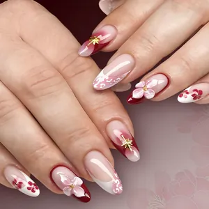 Unghie Finte 3D Relief Fiori di Ciliegio Dorate Francese Forma Mandorla Lusso Unghie per Donna Quotidiano Festa Manicure Decorazione