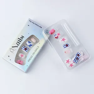 Detail of 24pcs press-on nails featuring pink flowers, cherry, and blue stripes patterns