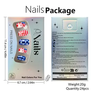 Detail of 24pcs Independence Day press on nails with US flag patterns and manicure tool kit