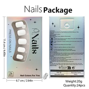 Detailed packaging view showing dimensions and instructions for matte white press-on nails
