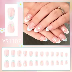 French almond press-on nails with blue tips and white daisy floral patterns, 24pcs set