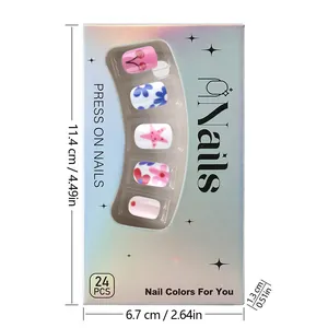 Detail view of 24pcs pink floral press-on nails in silver holographic packaging with size info