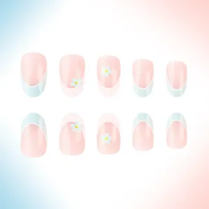 French almond press-on nails with blue-white floral patterns and a glossy finish