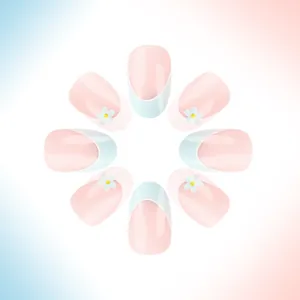 Close-up of French almond press-on nails with blue tips and white daisy floral patterns