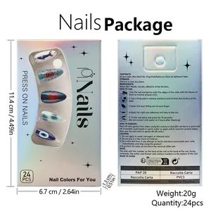 Detail of laser gift box for almond blue sea star fake nails with 24 piece set sizing