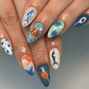Blue Ocean Starfish Press On Nails Almond Shape Summer Evil Eye Design Artificial Fake Nails For Women Jewelry Accessory