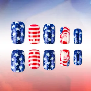 Independence Day short square press-on nails with glitter American flag and eagle design