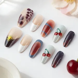 Retro Almond Press On Nails With 3D Relief Cherry Leopard Print Design Glossy Resin Artificial Nails For Women Daily