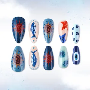 Blue ocean style star fish almond fake nails with artistic hand-painted summer beach design