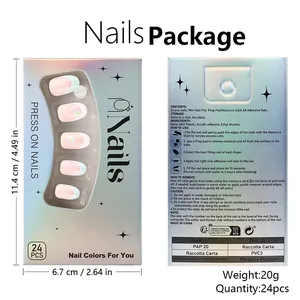 Blue and white floral press-on nails set with almond French tips and tools box