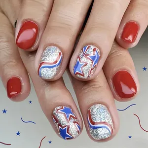 Independence Day Press On Nails Short European Square Glossy Fake Nails Star Stripe Pattern USA Flag Design Finger Nails