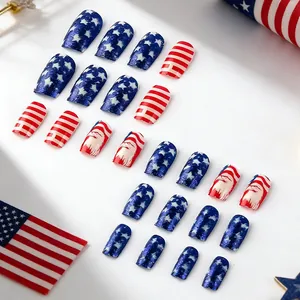 Detail view of Independence Day short fake nails with glitter stars and red stripes