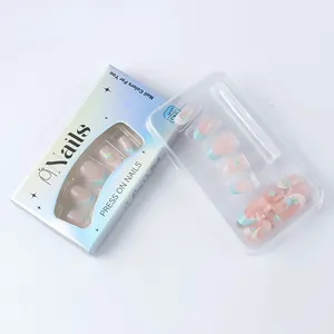 Detail of 24pcs blue French floral press-on nails in branded packaging box