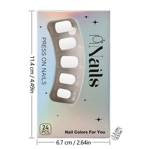 Close-up of 24pcs short matte white press-on nails in silver laser box with window
