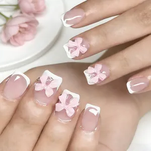 Unghie Finte a Pressione Rosa French con Fiocco Corte Quadrate Lucide Dolci Fiocchi 3D Unghie Artificiali per Donna Ragazza