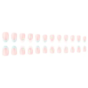French almond press-on nails with blue-white floral patterns and glossy finish 24pcs set