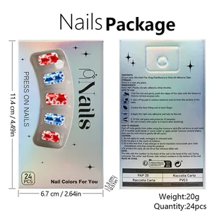 Front and back view of red and blue star press-on nail kit in holographic silver box