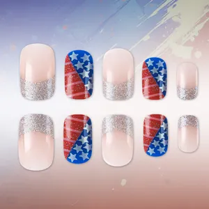 Short round American flag press-on nails with silver glitter French tips and star patterns