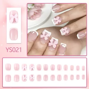 Unghie finte corte rosa French con fiocchi 3D e finitura lucida set da 24 pezzi