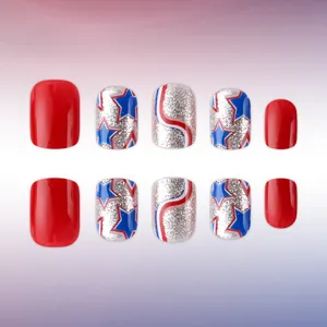 Independence Day glossy short square fake nails with stars and stripes patterns